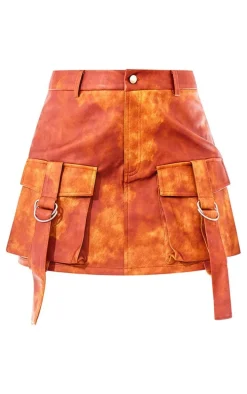 Orange Washed Faux Leather Pocket Cargo Mini Skirt