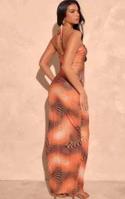 Orange Watercolour Plisse Cut Out Halterneck Maxi Dress
