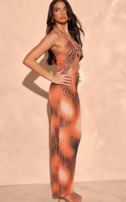 Orange Watercolour Plisse Cut Out Halterneck Maxi Dress
