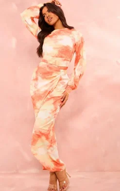 Orange Watercolour Print Tassel Tie Wrap Maxi Dress