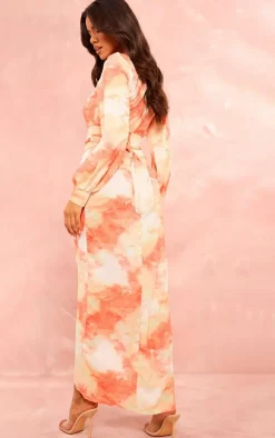 Orange Watercolour Print Tassel Tie Wrap Maxi Dress