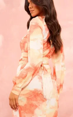 Orange Watercolour Print Tassel Tie Wrap Maxi Dress