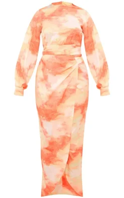 Orange Watercolour Print Tassel Tie Wrap Maxi Dress