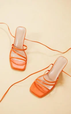 Orange Wide Fit Faux Leather Square Triple Strap Ankle Tie Block Heeled Sandals