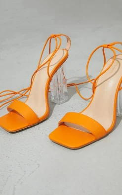 Orange Wide Fit PU Lace Up High Clear Block Heels