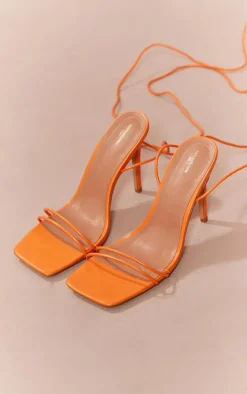 Orange Wide Fit Pu Square Toed Barely There Thin Twin Strap High Heeled Sandals