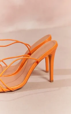Orange Wide Fit Pu Square Toed Barely There Thin Twin Strap High Heeled Sandals