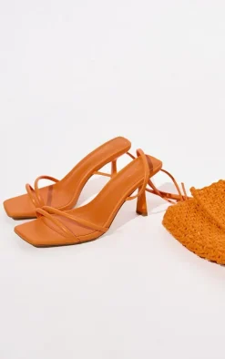 Orange Wide Fit Pu Square Toe Asymmetric Strap Heeled Sandals