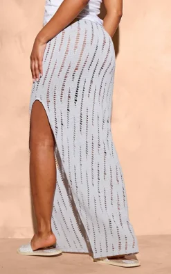Pale Grey Distressed Knit Maxi Skirt