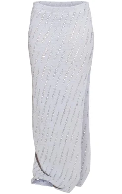 Pale Grey Distressed Knit Maxi Skirt