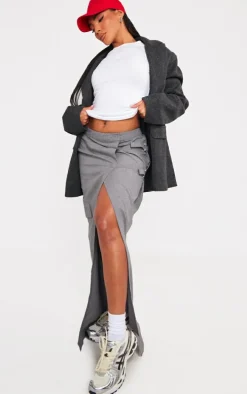 Pale Grey Marl Woven Tailored Wrap Front Maxi Skirt