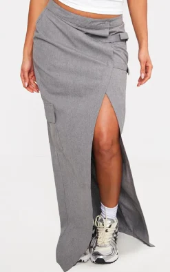 Pale Grey Marl Woven Tailored Wrap Front Maxi Skirt