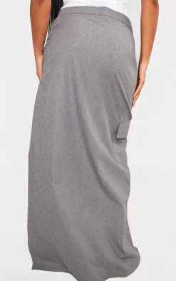 Pale Grey Marl Woven Tailored Wrap Front Maxi Skirt