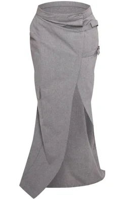 Pale Grey Marl Woven Tailored Wrap Front Maxi Skirt