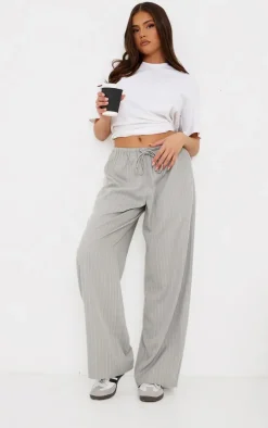 Pale Grey Pinstripe Woven Drawstring Waist Low Rise Relaxed Pants