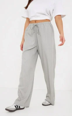 Pale Grey Pinstripe Woven Drawstring Waist Low Rise Relaxed Pants