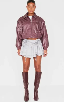 Pale Grey Pinstripe Woven Ruched Front Peplum Mini Skirt