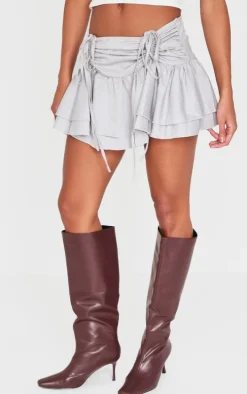 Pale Grey Pinstripe Woven Ruched Front Peplum Mini Skirt