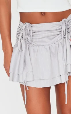 Pale Grey Pinstripe Woven Ruched Front Peplum Mini Skirt