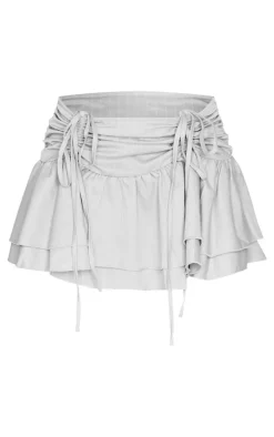 Pale Grey Pinstripe Woven Ruched Front Peplum Mini Skirt
