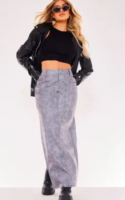 Pale Grey Washed Faux Leather Maxi Skirt