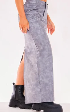 Pale Grey Washed Faux Leather Maxi Skirt