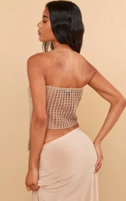 Pale Khaki Fishnet Crochet Split Front Bandeau Crop Top