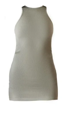 Pale Khaki Snatched Rib Racer Neck Bodycon Dress