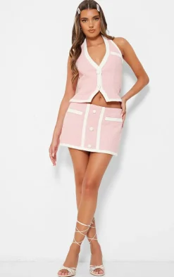 Pale Pink Boucle Button Detail Contrast Mini Skirt