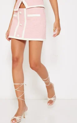 Pale Pink Boucle Button Detail Contrast Mini Skirt