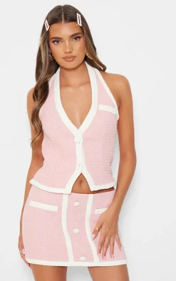 Pale Pink Boucle Button Detail Contrast Mini Skirt