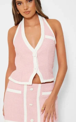 Pale Pink Boucle Button Detail Contrast Mini Skirt