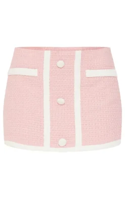 Pale Pink Boucle Button Detail Contrast Mini Skirt