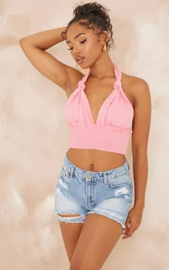 Pale Pink Linen Feel Knot Detail Halter Crop Top