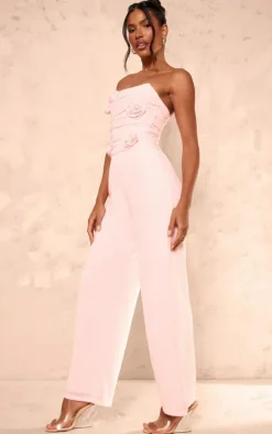 Pale Pink Mesh Overlay Bandeau Rose Applique Jumpsuit