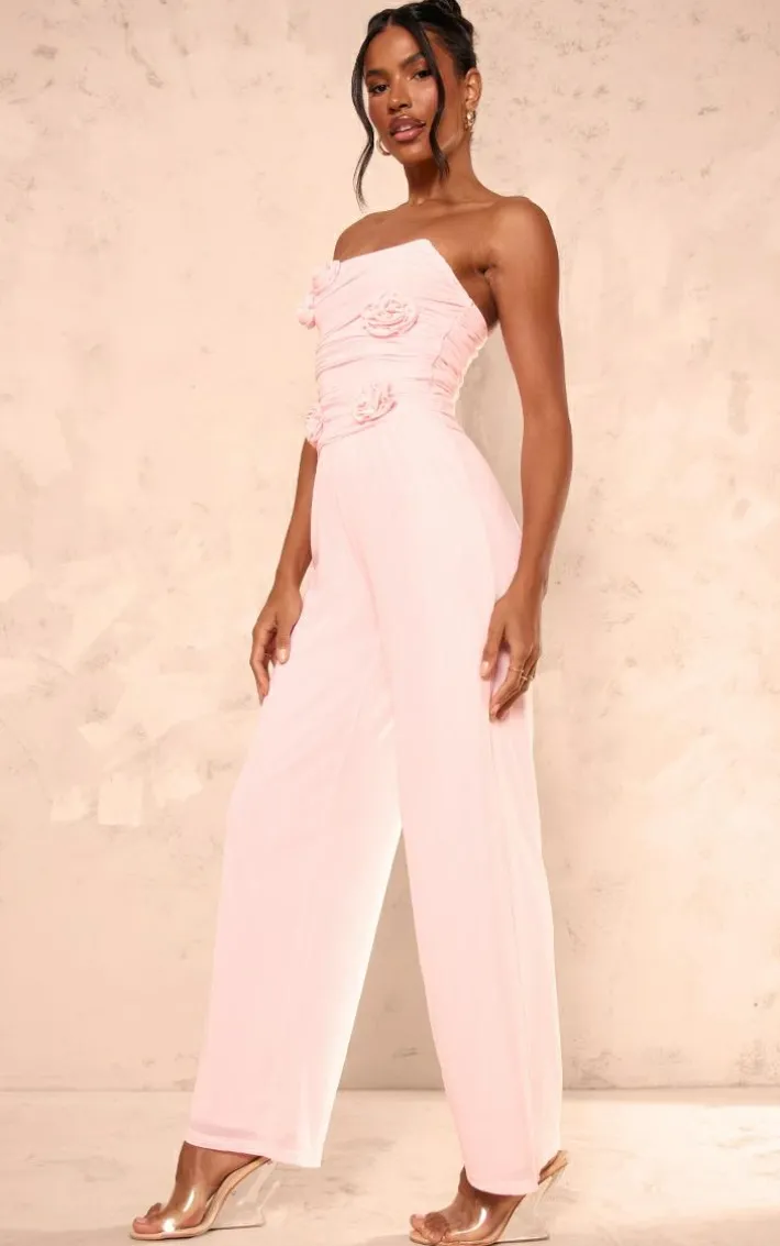 Pale Pink Mesh Overlay Bandeau Rose Applique Jumpsuit