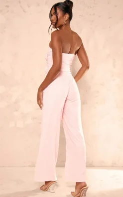 Pale Pink Mesh Overlay Bandeau Rose Applique Jumpsuit