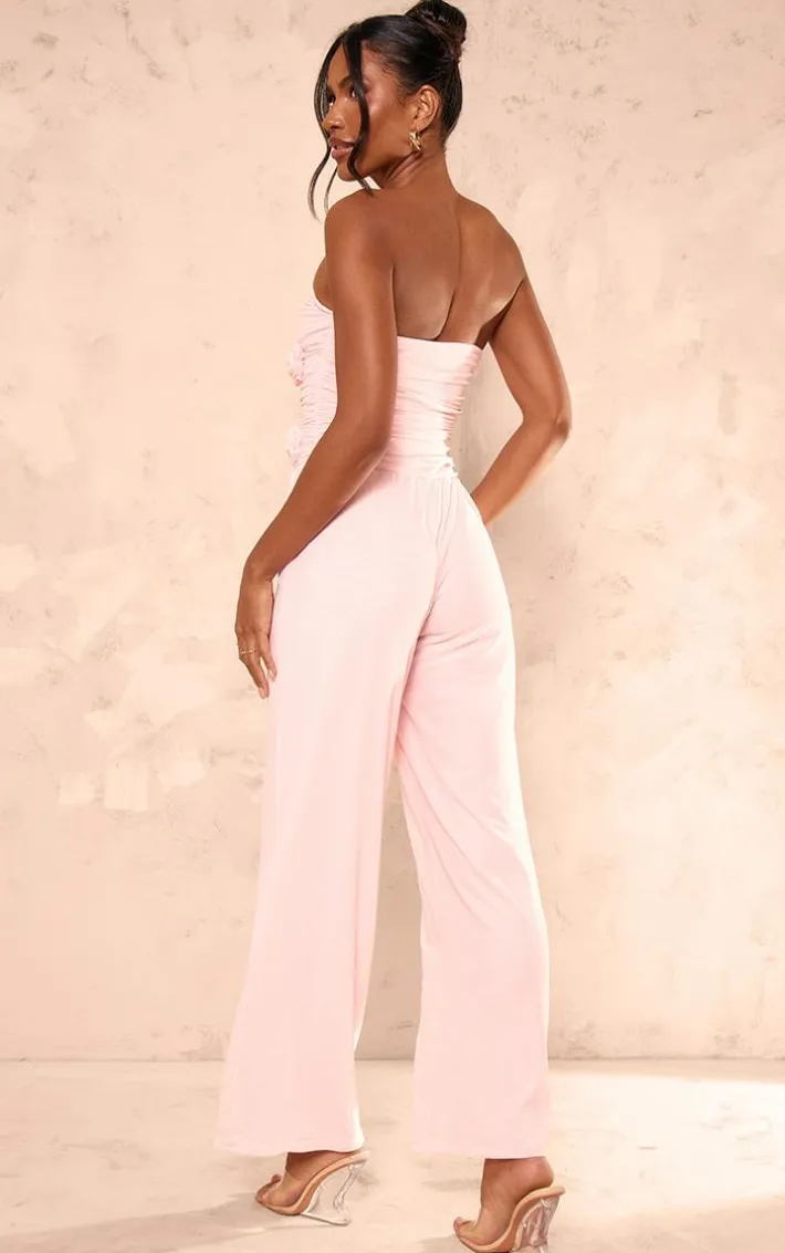 Pale Pink Mesh Overlay Bandeau Rose Applique Jumpsuit