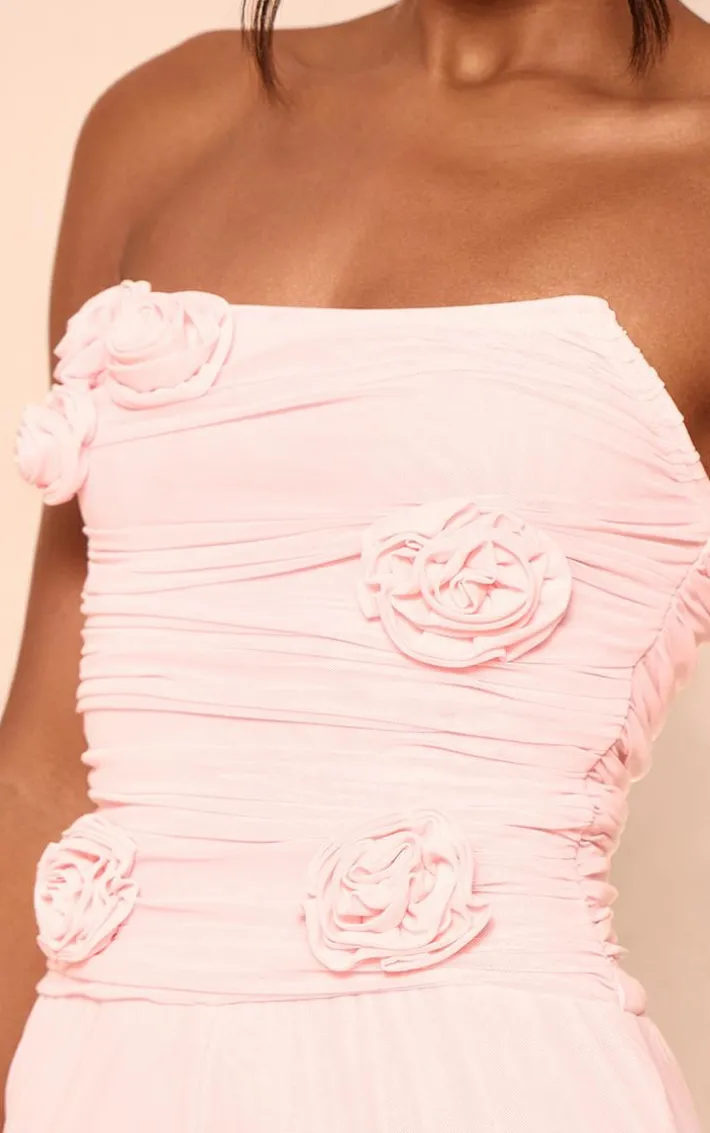 Pale Pink Mesh Overlay Bandeau Rose Applique Jumpsuit