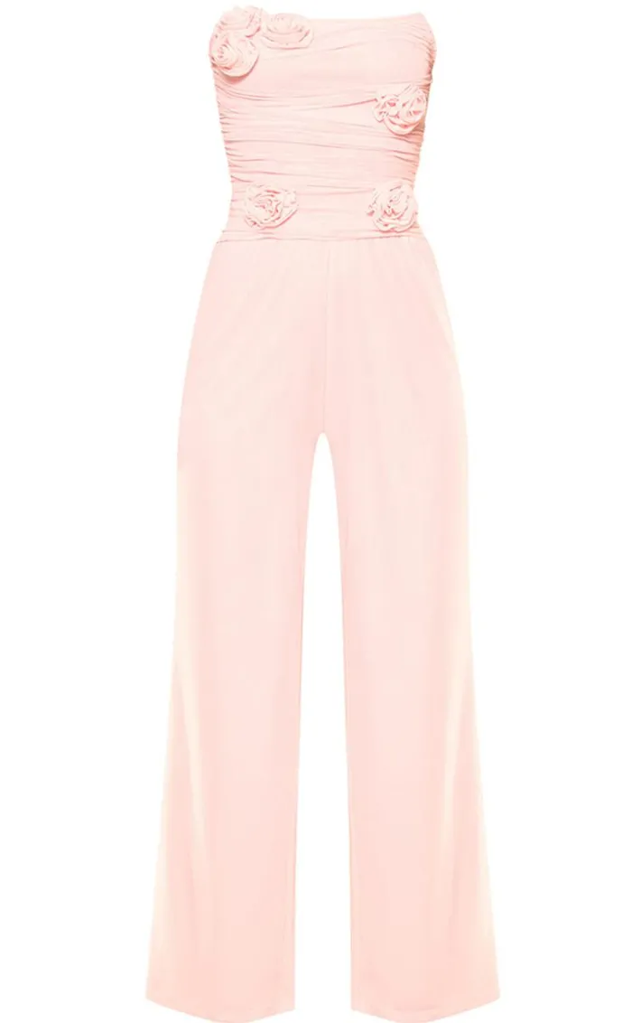 Pale Pink Mesh Overlay Bandeau Rose Applique Jumpsuit