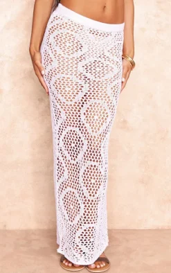 Pale Pink Open Crochet Floral Applique Low Rise Maxi Skirt