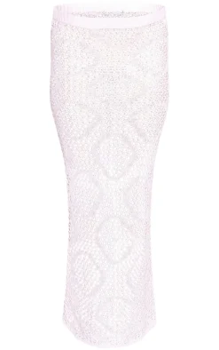 Pale Pink Open Crochet Floral Applique Low Rise Maxi Skirt