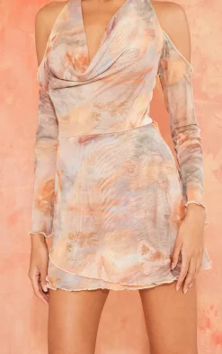 Pale Pink Renaissance Print Cowl Neck Bardot Frill Hem Shift Dress