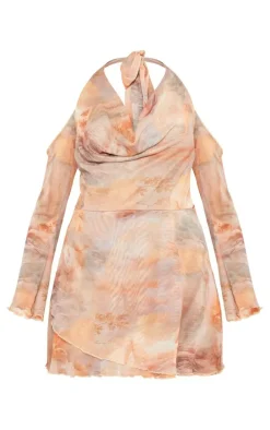 Pale Pink Renaissance Print Cowl Neck Bardot Frill Hem Shift Dress