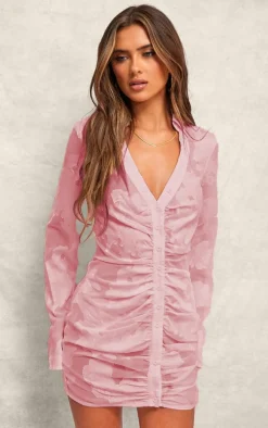 Pale Pink Satin Floral Shirt Mini Dress
