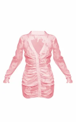 Pale Pink Satin Floral Shirt Mini Dress