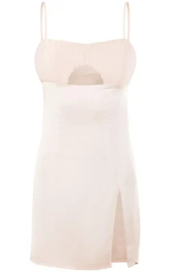 Pale Pink Satin Pleated Bust Cowl Back Strappy Bodycon Dress