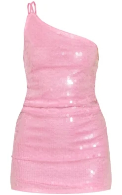 Pale Pink Sequin One Shoulder Strappy Bodycon Dress