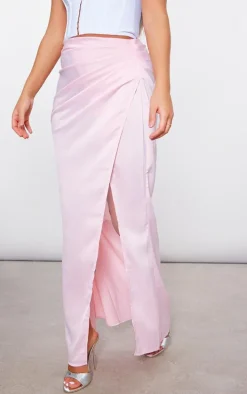 Pale Pink Structured Satin V Front Ruched Split Front Maxi Skirt