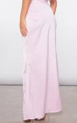 Pale Pink Structured Satin V Front Ruched Split Front Maxi Skirt